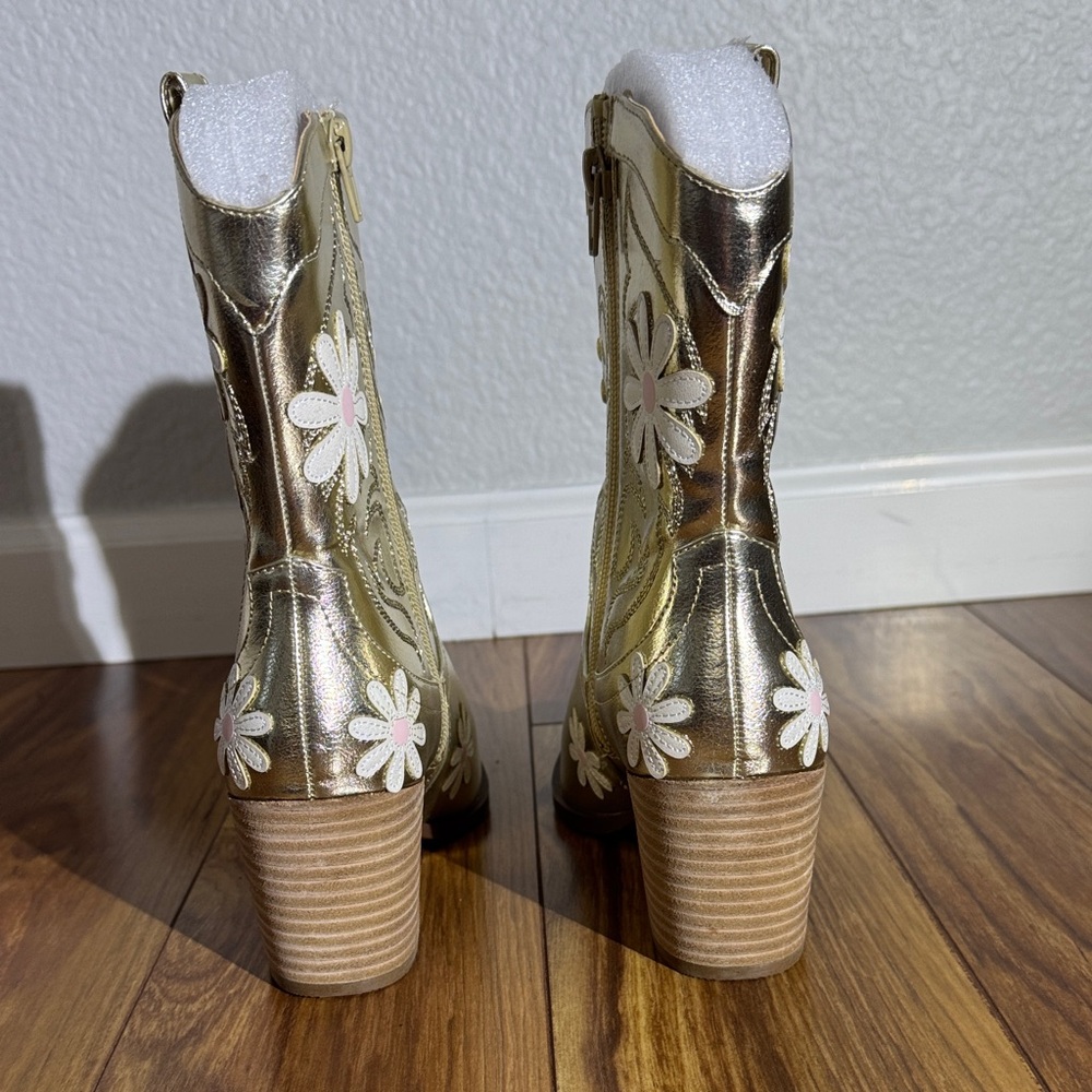 Betsey Johnson Women’s Teddy Gold Heeled Boots with Floral Design - Picture 5 of 13